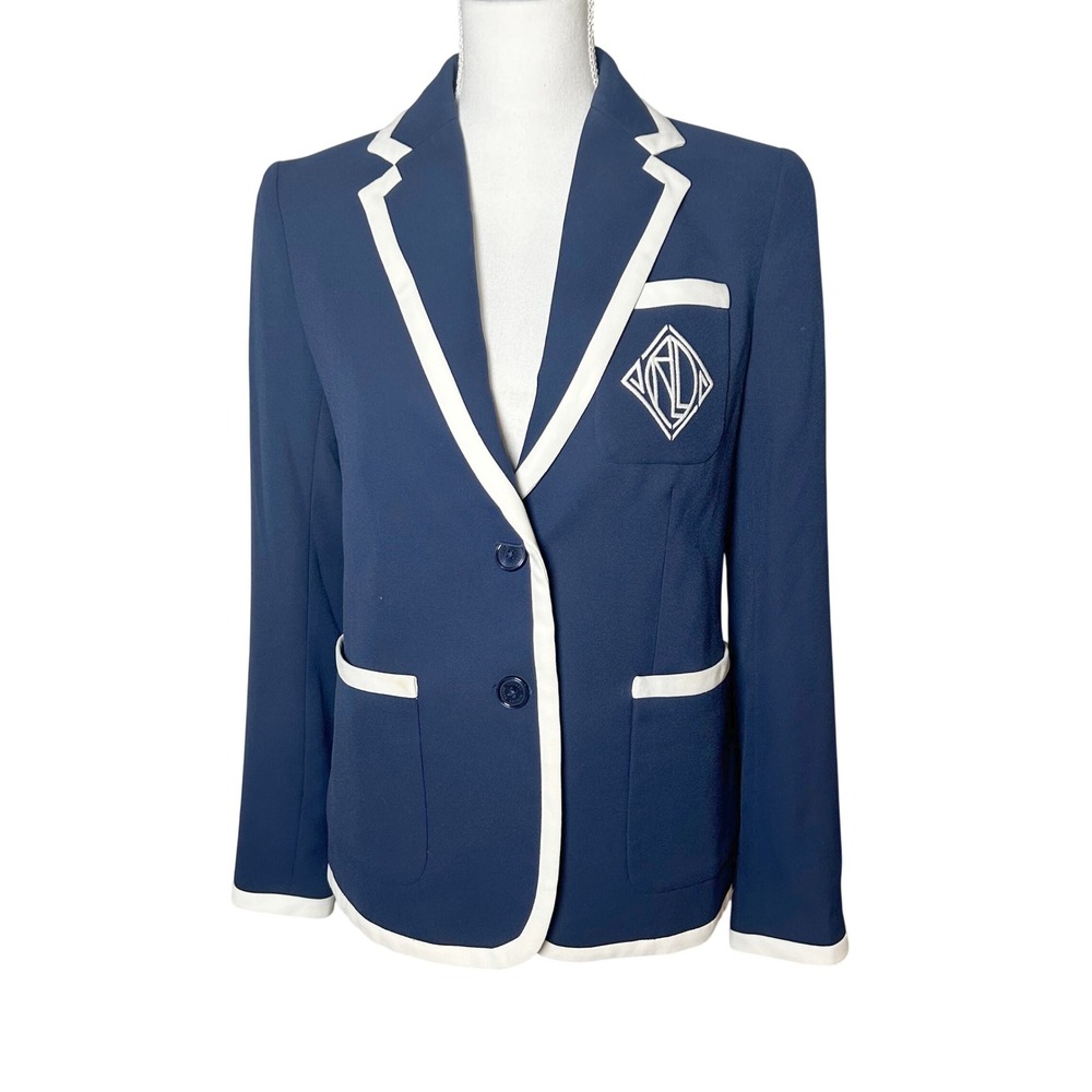 Lauren Ralph Lauren Women Embroidered Crest Georgette Blazer Navy White 2
